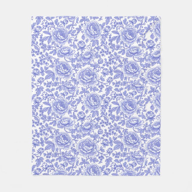 Blått franskt Toile blommönster Fleecefilt (Framsidan)