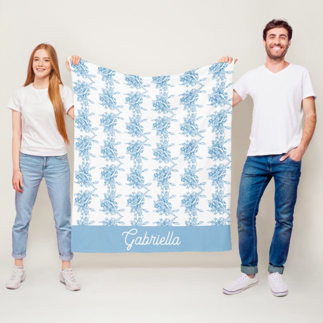 Blått franskt Toile blommönster namn Fleecefilt (På plats)