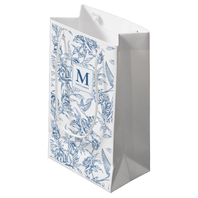 Blått franskt Toile de Jouy blommönster Monogram (Framsidan Vinklad)