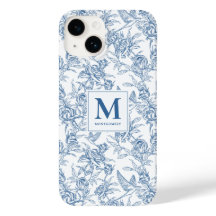 Blått franskt Toile de Jouy blommönster Monogram