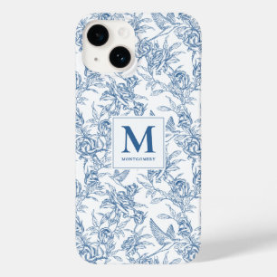 Blått franskt Toile de Jouy blommönster Monogram