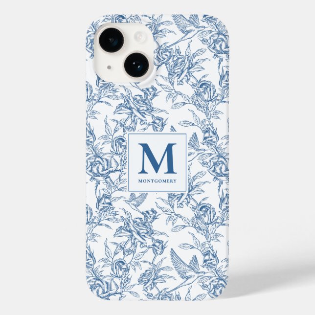 Blått franskt Toile de Jouy blommönster Monogram (Baksida)
