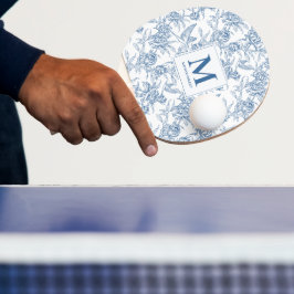 Blått franskt Toile de Jouy blommönster Monogram Pingisracket