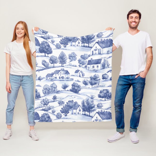 Blått franskt Toile Landsbygdsmönster Fleecefilt (På plats)