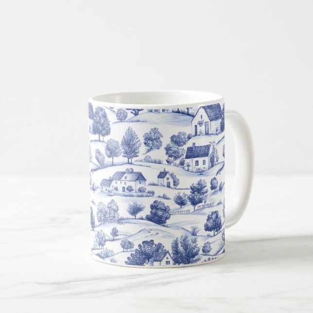 Blått franskt Toile Landsbygdsmönster Kaffemugg (Framsida höger)
