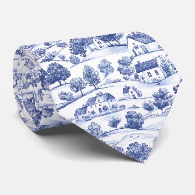 Blått franskt Toile Landsbygdsmönster Slips (Rullad)