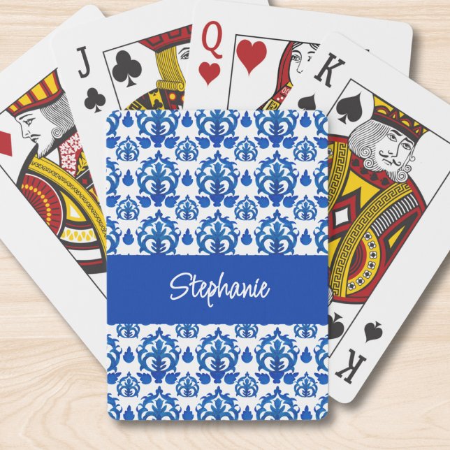 Blått franskt Toile-mönster Monogramnamn Casinokort (Skapare uppladdad)