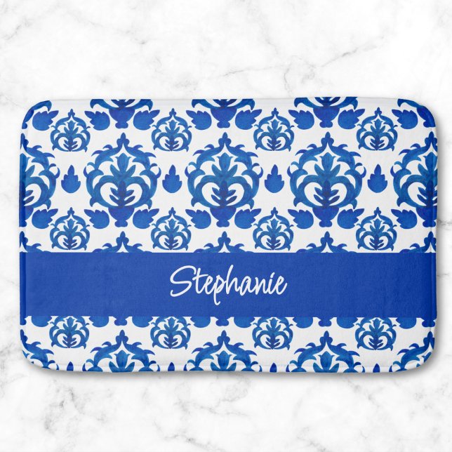 Blått franskt Toile-mönster Namn Monogram Badrumsmatta (Skapare uppladdad)