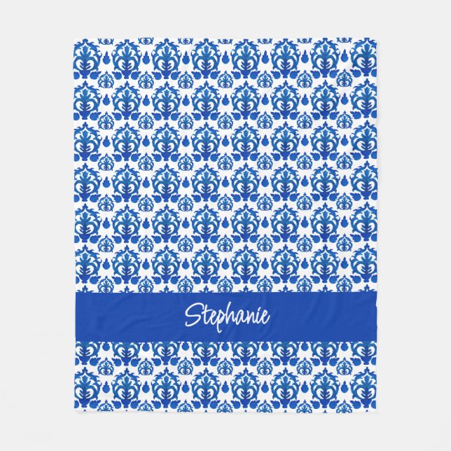 Blått franskt Toile-mönster Namn Monogram Fleecefilt (Framsidan)