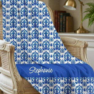 Blått franskt Toile-mönster Namn Monogram Fleecefilt