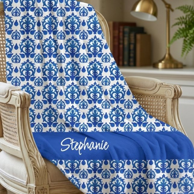Blått franskt Toile-mönster Namn Monogram Fleecefilt (Skapare uppladdad)