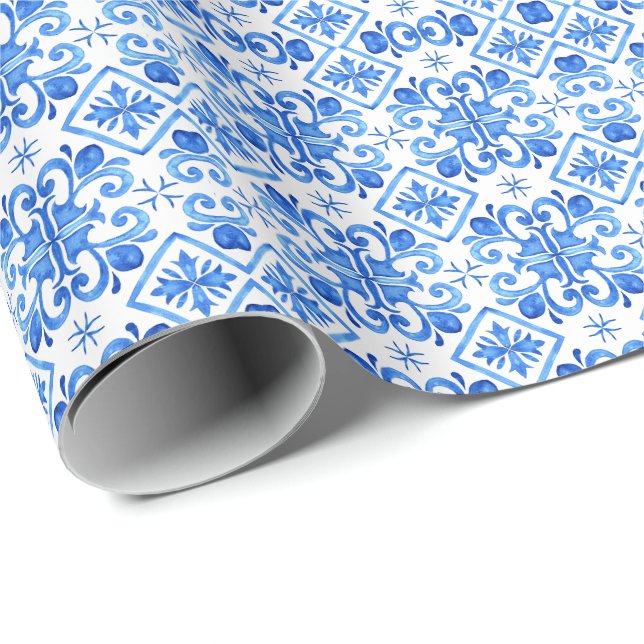 Blått franskt Toile-mönster Presentpapper (Rullad Hörn)