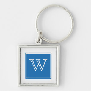 Blått fyrkantigt monogram Premium Keychain Fyrkantig Silverfärgad Nyckelring