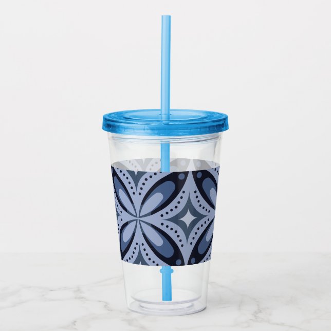 Blått geometriskt mönster i retrostil take away mugg (Framsida)