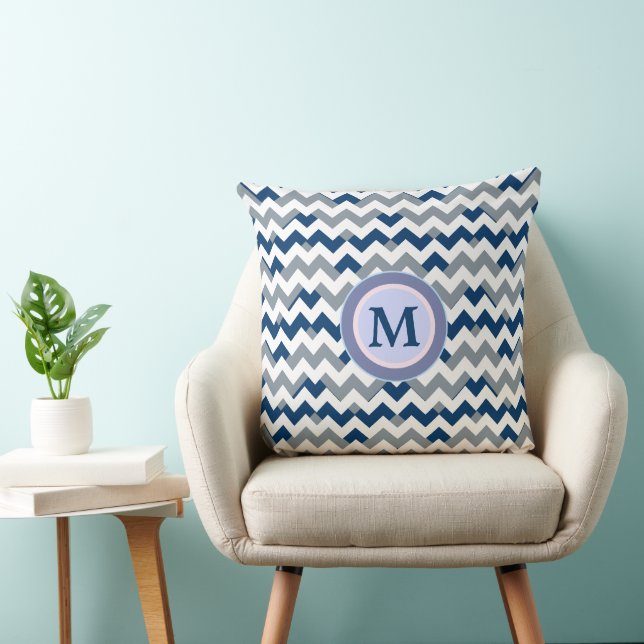 blått geometriskt trendig Chevron Rand monogrammat Kudde (Stol)
