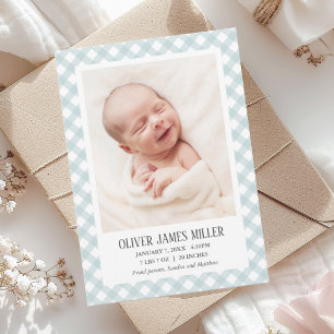 Blått Gingham Baby Födelsekort Fotokort Meddelande