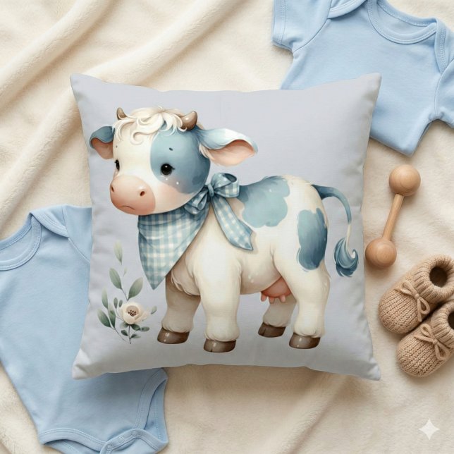Blått Gingham Baby Ko Pastell Bondgård Estetik Kudde (Blue Gingham Baby Cow Pastel Farm Aesthetic Throw Pillow Mockup A)