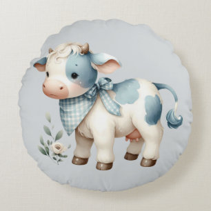 Blått Gingham Baby Ko Pastell Bondgård Estetik Rund Kudde