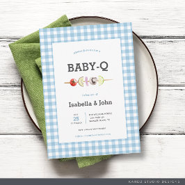 Blått Gingham BabyQ Ett par babyskor - inbjudan