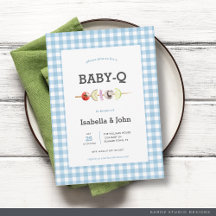 Blått Gingham BabyQ Par Babyshopsinbjudan
