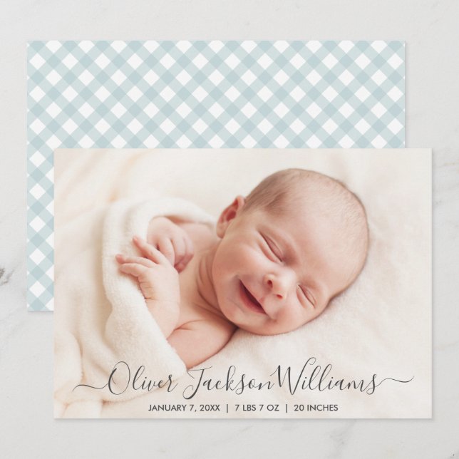 Blått Gingham Birth Announcement Photo Card Meddelande (Fram/baksida)