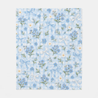 Blått Gingham Blommotiv med Rosettband och Prästkr Fleecefilt