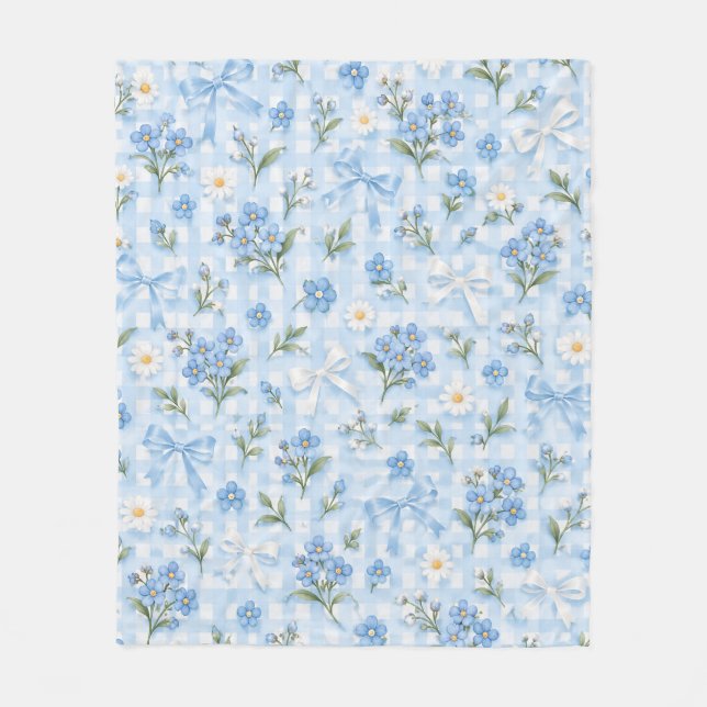 Blått Gingham Blommotiv med Rosettband och Prästkr Fleecefilt (Framsidan)