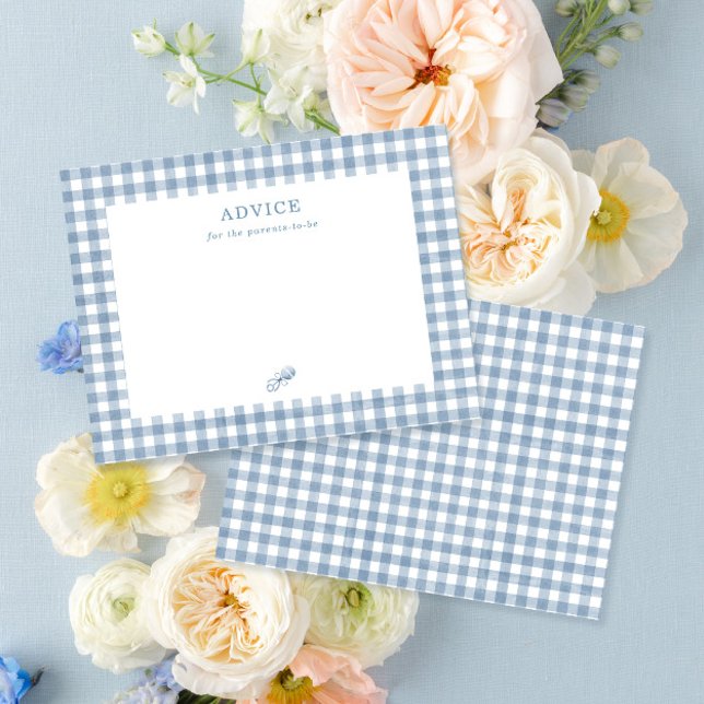 Blått Gingham Boy Baby Shower Parent Advice Card Rådkort (Skapare uppladdad)