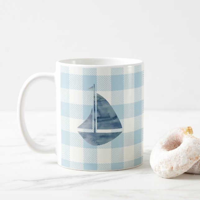 Blått Gingham Check Mönster Coffee Mugg (Med munk)