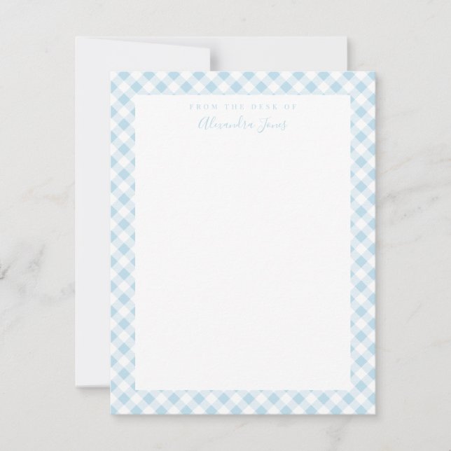 Blått Gingham Check Personal Stationery Note Card Tack Kort (Framsida)