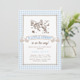 Blått Gingham Cowboy Babyfirande Vilda Västern Vin Inbjudningar