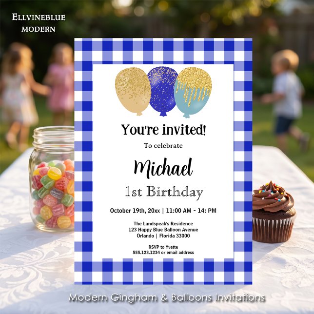 Blått Gingham, Födelsedagsballonger 1-årsdag Inbjudningar (Blue gingham balloon invitations! For 1st Birthday or any birthday. Size 5” x 7”.)