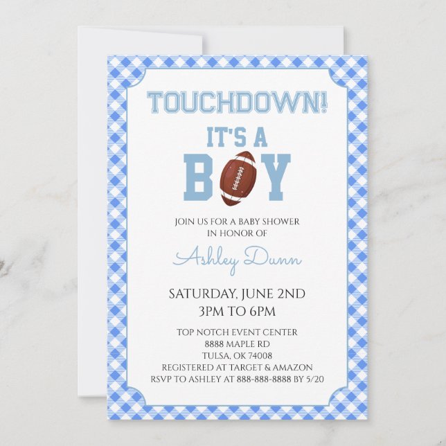 Blått Gingham Fotboll Baby Shower Inbjudningar (Framsida)