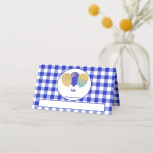 Blått Gingham Glitter Blue Party Balloits Birthday Placeringskort