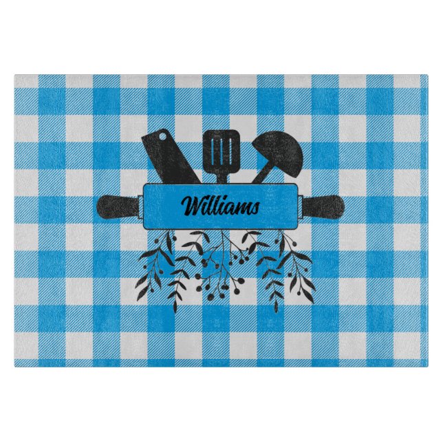 Blått Gingham Gourmet Glas Skärbräda (Framsidan)