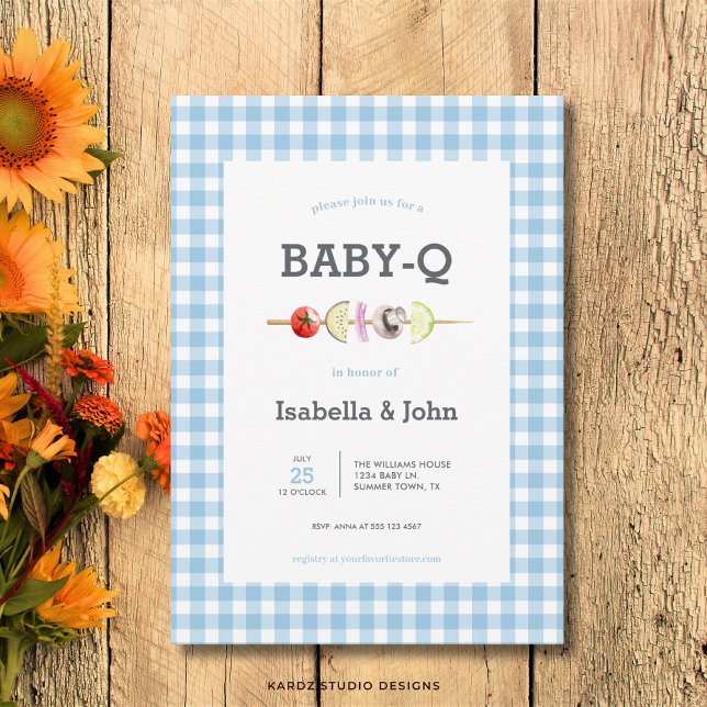 Blått Gingham Grillbabykalas Inbjudan (Front of the invitation is shown in 5x7-inch. Choose size, paper, and corner style.)