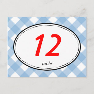 Blått gingham lantlig rustik bordnummer för bröllo vykort