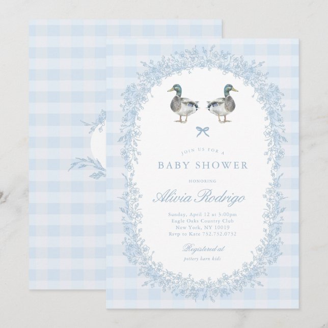 Blått Gingham Mallard Anka Bebis Shower Inbjudan (Fram/baksida)