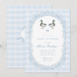 Blått Gingham Mallard Anka Bebis Shower Inbjudan