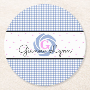 Blått Gingham-monogram Underlägg Papper Rund
