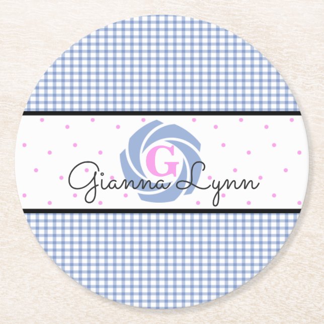 Blått Gingham-monogram Underlägg Papper Rund (Framsidan)