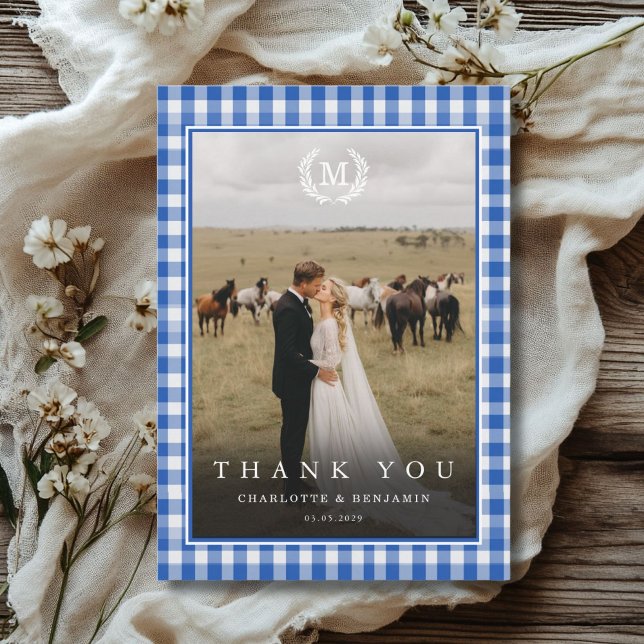 Blått Gingham Monogram Växt 2 Foto Tack Kort (Blue Gingham Monogram Crest 2 Photo Thank You Card)