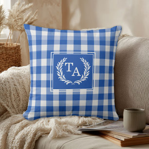 Blått Gingham Monogramm Krön Kudde
