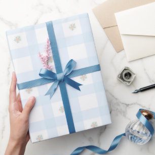 Blått Gingham-mönster Blommig Tecknad Födelsedagsf Presentpapper