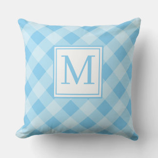 Blått Gingham-mönster Monogram Initial Kastkudde Kudde