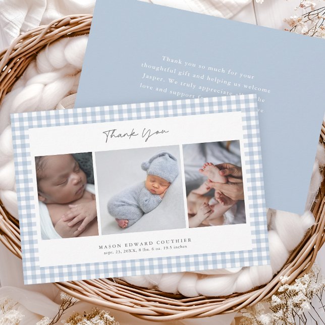 Blått Gingham Mönster Pojkar 3 Foto Tack Kort (Blue Gingham Check Baby Boys 3 Photo Thank You Note Cards.)