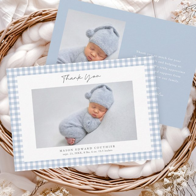 Blått Gingham Mönster Pojkar Foto Tack Kort (Blue Gingham Check Baby Boys Photo Thank You Note Cards.)