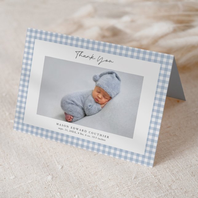 Blått Gingham-mönster Pojkfoton Tacksamhetskort Tack Kort (Blue Gingham Check Baby Boys Photo Thank You Note Cards.)