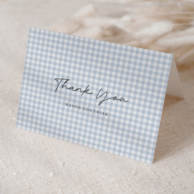 Blått Gingham Mönster Script Vikt  Tack Kort (Blue Gingham Check Baby Boys Folded Photo Thank You Note Cards.)