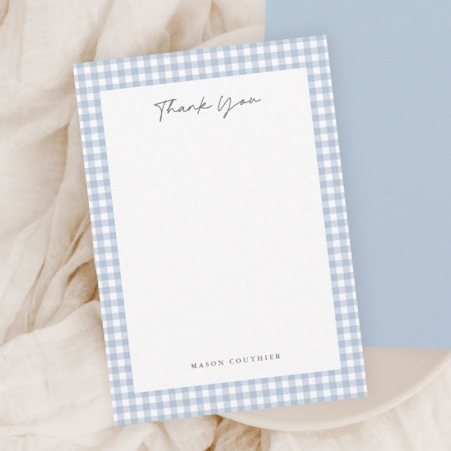 Blått Gingham-mönster  Tack Kort (Blue gingham thank you note cards.)
